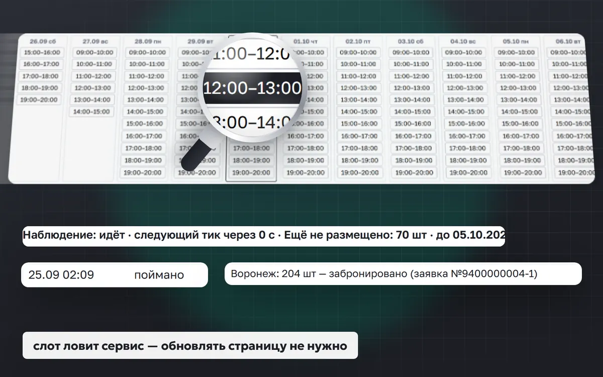 Ловля слота приёмки: календарь слотов и запись «поймано» в журнале